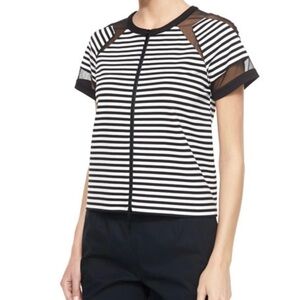 Lafayette 148 Short Sleeve Striped Zip Front Top